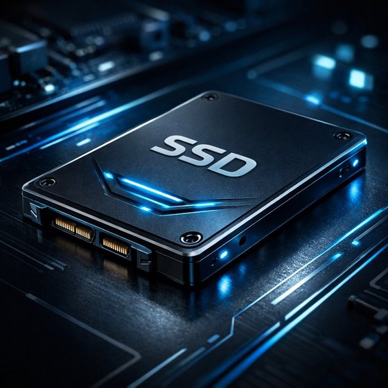 SSD hard drive upgrade components — solid state drive on glowing circuit board